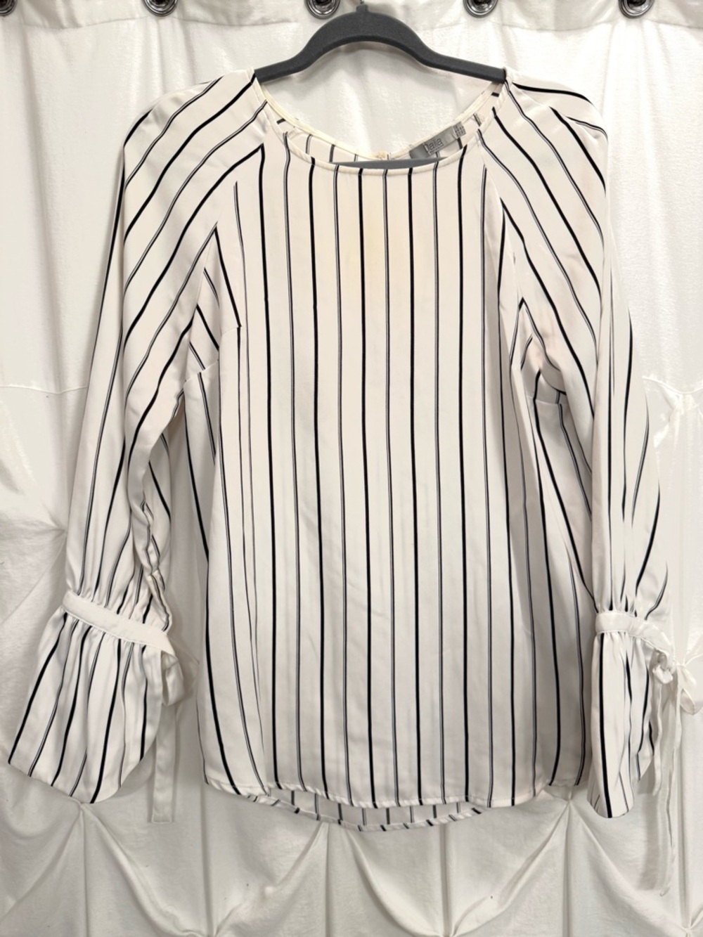 Women’s White Vertical-Stripe Blouse with Tie-Sleeve Dalia Medium
